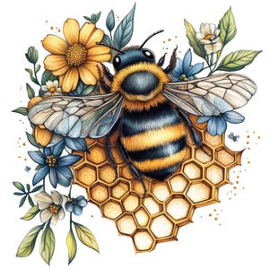 Puede incluir: Una ilustraci&oacute;n detallada de una abeja con rayas negras y amarillas, posada sobre un panal de miel. La abeja est&aacute; rodeada de delicadas flores azules y blancas con hojas verdes.