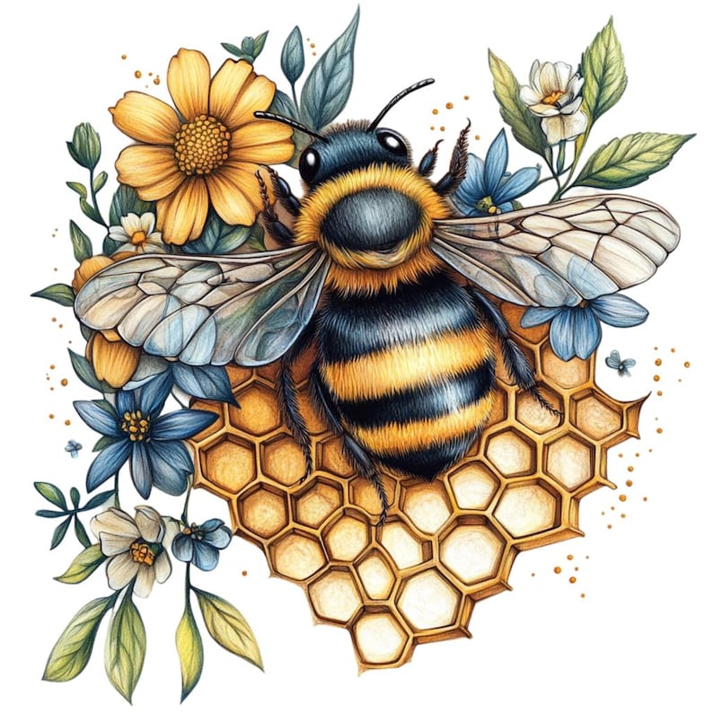 Puede incluir: Una ilustraci&oacute;n detallada de una abeja con rayas negras y amarillas, posada sobre un panal de miel. La abeja est&aacute; rodeada de delicadas flores azules y blancas con hojas verdes.