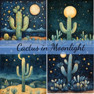 Lot de 16 cliparts cactus du désert au clair de lune, 16 JPG de haute qualité, fabrication de cartes, clipart, créations numériques sur papier, scrapbooking art folklorique