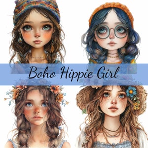 Lot de 15 cliparts hippie fille bohème mignonne, 15 fichiers JPG de haute qualité, création artistique, fabrication de cartes, clipart, créations numériques sur papier, scrapbooking
