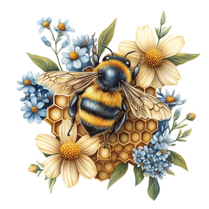 Puede incluir: Una pintura de acuarela de una abeja en un panal de miel rodeado de flores azules y blancas. La abeja es amarilla y negra con pelo peludo. El panal de miel es de color marr&oacute;n claro.
