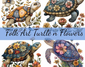 16 Folk Art Turtle w Flowers Clipart Bundle, 16 High-Quality JPG, Craft Art, Card Making, Clip Art, Digital Paper Craft, Scrapbooking