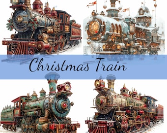 May include: Four vintage-style steam train engines decorated with Christmas ornaments and greenery. The trains are on a snowy track with a blue sky in the background. The text "Christmas Train" is written across the bottom of the image.