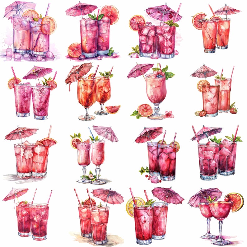 Pink Cocktail Umbrella Clipart Bundle, 16 Highquality JPG, Craft Art
