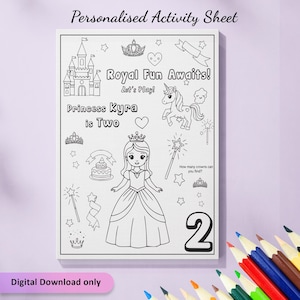 Royal Princess Coloring Page - Princess fairy Tale - Custom Birthday Activity sheet for girls - Personalized princess theme Party favor