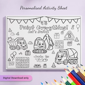 Personalized Construction Birthday Coloring Page: Excavator Maze (Digital Download)
