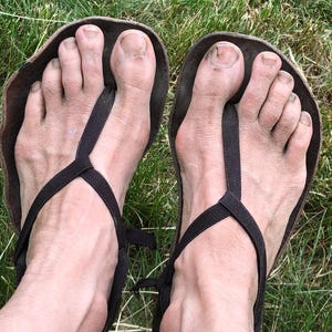 Sandals custom w/ elastic strap barefoot 3-hole minimalist sandal by Farm_Shoes_Handmade. Black, brown or olive elastic *FREE leather balm*