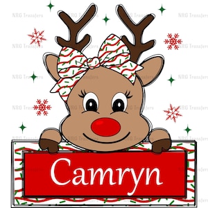 DTF Transfer | Reindeer With Bow - Personalized for Christmas  | DTF Print, Heat Transfer, Ready To Press | Direct to Film | Fast Shipping