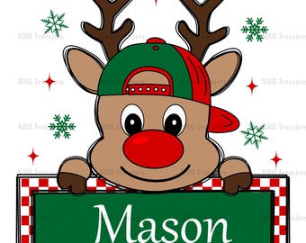 DTF Transfer | Reindeer With Hat - Personalized for Christmas | DTF Print, Heat Transfer, Ready To Press | Direct to Film | Fast Shipping