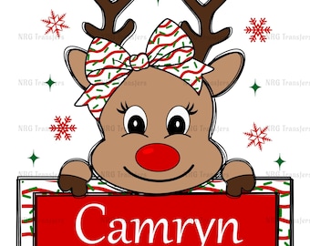 DTF Transfer | Reindeer With Bow - Personalized for Christmas  | DTF Print, Heat Transfer, Ready To Press | Direct to Film | Fast Shipping