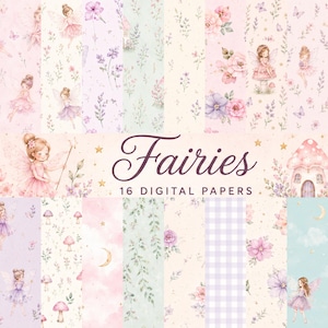 Könnte beinhalten: Eine Sammlung von 16 digitalen Papieren mit Illustrationen von Feen, Pilzen, Blumen, Sternen und Monden in Pastelltönen wie Rosa, Lila, Grün und Creme. Der zentrale Text lautet Fairies 16 DIGITAL PAPERS in einer dunklen Schreibschrift.