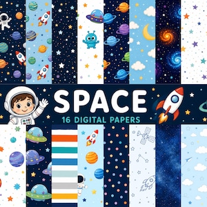 以下が含まれることがあります： 宇宙をテーマにした16種類のデジタルペーパーコレクション。宇宙飛行士、ロケット、惑星、星、UFO、雲の模様が含まれています。濃い青色の背景に、白い文字でSPACE 16 DIGITAL PAPERSと記載されています。