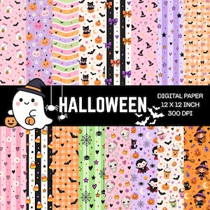 Op de afbeelding: Een collectie digitaal papier met Halloween-patronen zoals spoken, pompoenen, zwarte katten, vleermuizen, mummies, vampiers en heksen. De tekst luidt HALLOWEEN, DIGITAL PAPER, 12 X 12 INCH, 300 DPI. De ontwerpen bevatten pastelkleuren en oranje.