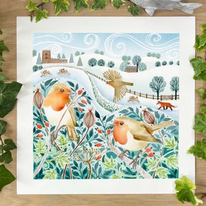 Winter Robins Giclée Art Print, Bird Wall Art, Original Art, Naive Art, Floral Art Print, Home Decor, Gift Idea, Self Gift