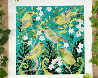 May include: A watercolor painting of six green finches perched on branches of a flowering tree. The birds are depicted in a vibrant green and yellow color palette, with delicate white flowers blooming around them. The background is a soft blue-green, creating a serene and whimsical scene.