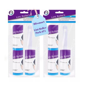 May include: Two packs of lint rollers, each with a blue and purple design. The packaging includes the text "Lint Rollers" and "Blissmart Lint Roller Pack of 2". Each roller is designed to remove lint, dust, and hair.