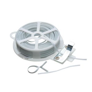 May include: A white plastic spool containing a roll of wire, with a metal clip and a pre-cut wire loop. The wire is tightly wound around the spool, and a length of wire extends from the centre. The clip is attached to the spool.
