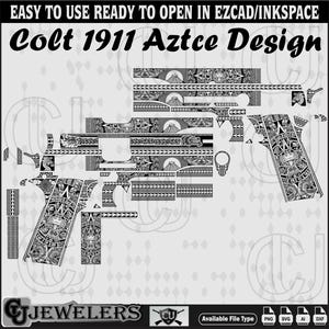 May include: A black and white digital design file for a Colt 1911 pistol featuring intricate Aztec-inspired patterns, geometric borders, and pyramid motifs. The image includes the text "EASY TO USE READY TO OPEN IN EZCAD/INKSPACE" and "Colt 1911 Aztce Design".