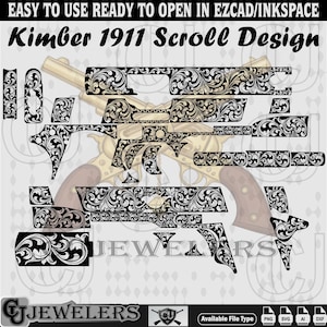 May include: Black and white Kimber 1911 Scroll Design, with floral patterns, ready to open in EZCAD/INKSPACE. The image includes the text "EASY TO USE READY TO OPEN IN EZCAD/INKSPACE" and "Kimber 1911 Scroll Design".