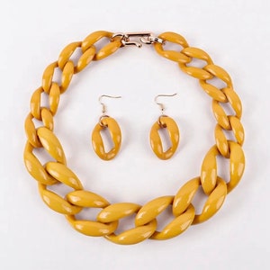 Fall Mustard Yellow Chunky Chain Link Statement Necklace with Adjustable Length and Matching Earrings More Color Options