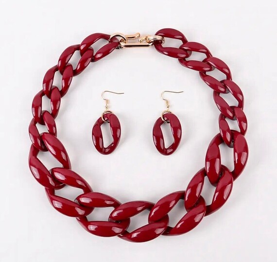 Maroon Cranberry Wine Color Chunky Chain Link Statement Necklace With Adjustable Length and Matching Earrings More Color Options Etsy