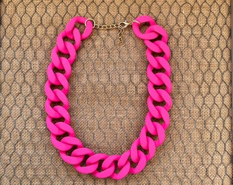 Fuschia Hot Pink Chunky Chain Link Statement Necklace with Adjustable Length