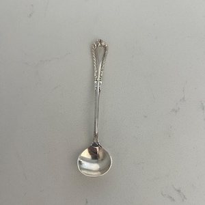 May include: A silver spoon with an ornate handle and a rounded bowl. The handle features a decorative design, and the spoon is made of a shiny, reflective metal. The spoon is likely for serving or eating.
