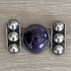 Art Deco Amethyst Cabochon  Mexico Silver Brooch 1930s