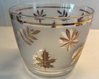 seau à glace en feuille d'or Libbey vintage | Accessoires de bar modernes Mid-Century en verre dépoli | Années 1960-1970