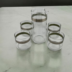 MCM Midcentury Set of 5 Silver Banded Rock Glasses and Martini Pitcher 1970