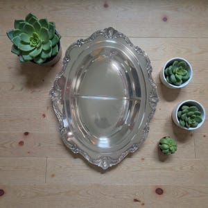 May include: A silver-colored, oval serving tray with ornate edges. The tray is divided into two sections. Several small potted succulents are arranged around the tray on a light wood surface, creating a decorative display.