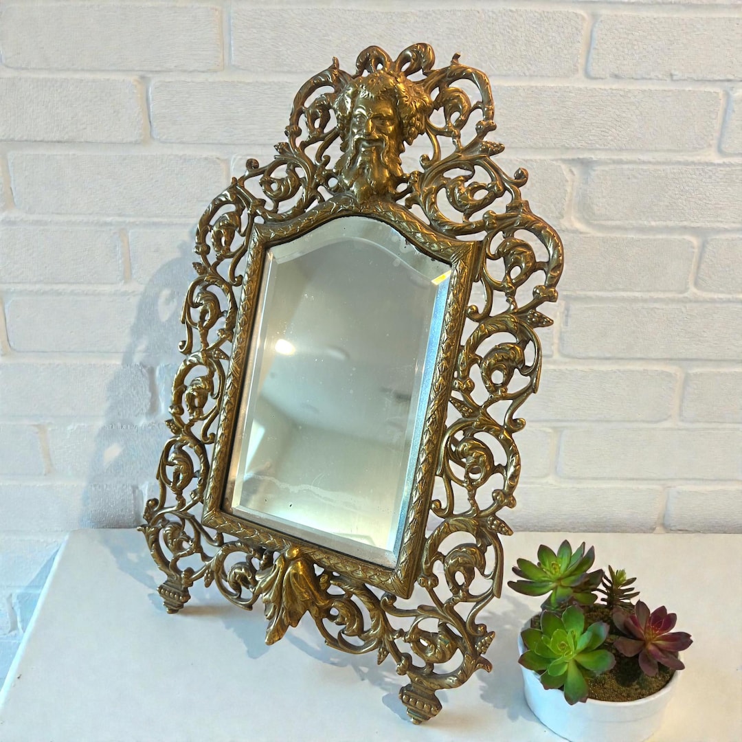 Antique Brass Tabletop Vanity Mirror With Ornate Bacchus Motif | Art ...