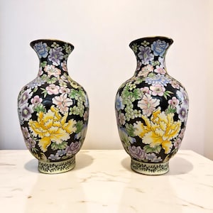 20th Century Pair of Chinese Cloisonné Vase Black Floral Chrysanthemum  and Lotus Flowers 7" tall
