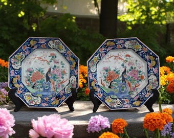 Antique Fukugawa Koransha Tsukuru Plates – Meiji Period Japan | 8” Octagonal Hand-Painted Porcelain (Pair)