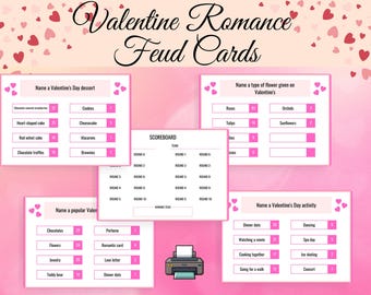 May include: Pink and white Valentine's Day themed game cards with a scoreboard. The cards have a list of Valentine's Day related items and their popularity ranking. The game is called "Valentine Romance Feud Cards".