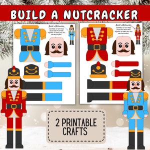 May include: Two printable nutcracker craft templates. Each template includes a red and blue nutcracker with a black hat, mustache, and a gold belt. The text "Build a Nutcracker" and "2 Printable Crafts" is included on the templates.