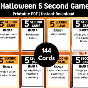 Puede incluir: Un juego imprimible de Halloween con 144 tarjetas. Cada tarjeta presenta una indicación como "cosas que tallas en una calabaza" o "cosas espeluznantes encontradas en un cementerio". El juego se titula "Halloween 5 Second Game".