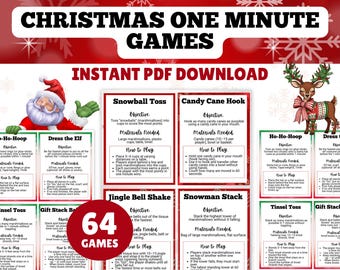 Könnte beinhalten: Ein festliches Weihnachtsspiel-Set mit 64 Spielen, das eine Illustration des Weihnachtsmanns und ein Rentier mit Schal zeigt. Die Spiele umfassen Snowball Toss, Candy Cane Hook und Ho-Ho-Hoop, mit Anweisungen und Zielen auf farbigen Karten.