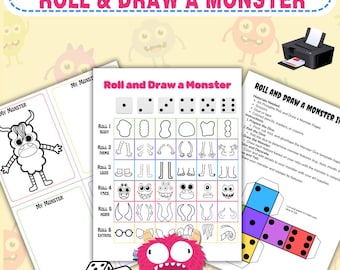 May include: A fun, printable game called "Roll & Draw a Monster" with dice, monster parts, and instructions. Features a pink monster illustration and a printer. Includes metric measurements.