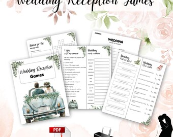 May include: Printable wedding reception games with a watercolor illustration of a couple in a blue car. The games include "Wedding Word Scramble", "Wedding Find the Guest", "Wedding Shoe Game", "I Spy with my camera", "Advice for the Newlyweds", and a crossword puzzle.