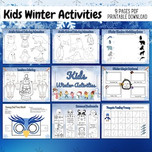 May include: A set of nine printable winter activity pages for kids. The pages include coloring pages, a shadow matching game, a magic grid, a penguin feeding frenzy, and seasonal bookmarks. The pages are designed to be fun and educational for children.
