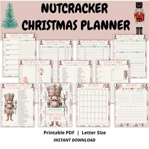 May include: Printable Nutcracker Christmas Planner with a pink and white color scheme. The planner includes pages for Christmas menu, gift list, movies, monthly budget, elf on the shelf ideas, stocking stuffer ideas, weekly planner, Christmas activities, and December calendar.
