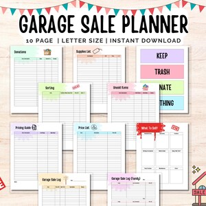 May include: A digital garage sale planner with 10 pages, letter size, and instant download. The planner includes sections for donations, supplies, sorting, unsold items, pricing, and a garage sale log. The text "GARAGE SALE PLANNER" is at the top.