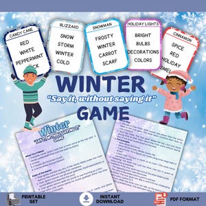 Puede incluir: Un juego de invierno imprimible con tarjetas coloridas que presentan palabras relacionadas con el invierno. El juego se llama "Winter: Dilo sin decirlo".