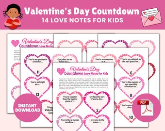 Valentines Day Countdown, 14 Days of Heart Love Notes for Kids, Printable Lunchbox Notes, Valentine Activity