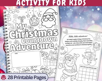 May include: A black and white printable Christmas countdown activity book for kids. The cover features a Santa Claus, presents, and the text "My Christmas Countdown Adventure". The book includes 28 printable pages and is available for instant download.