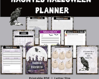 Puede incluir: Planificador de Halloween imprimible con un tema espeluznante. El planificador incluye páginas para una lista de deseos, un diario, un presupuesto, una lista de tareas para la fiesta, películas para ver, una lista de tareas semanales y un calendario para octubre. La portada presenta un cuervo negro, una luna llena, una bruja volando en una escoba y un cementerio.