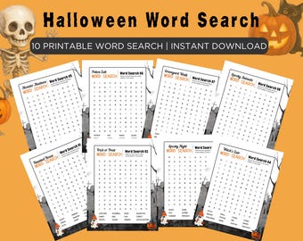 Può includere: Una raccolta di dieci puzzle di ricerca di parole stampabili a tema Halloween. L'immagine presenta una varietà di temi spettrali, tra cui mostri, cimiteri e streghe. Il titolo "Halloween Word Search" è visualizzato in alto.