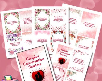 May include: A set of printable conversation starter cards for couples. The cards feature pink and white floral designs with hearts and are labeled "Couples Conversation Starters".