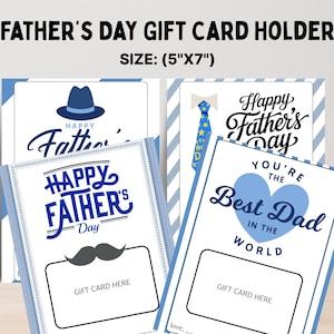 May include: Father's Day gift card holders with various designs. The cards are white with blue accents and feature text like "Happy Father's Day" and "Best Dad in the World." Each card has a space for a gift card, and the size is 5"x7".